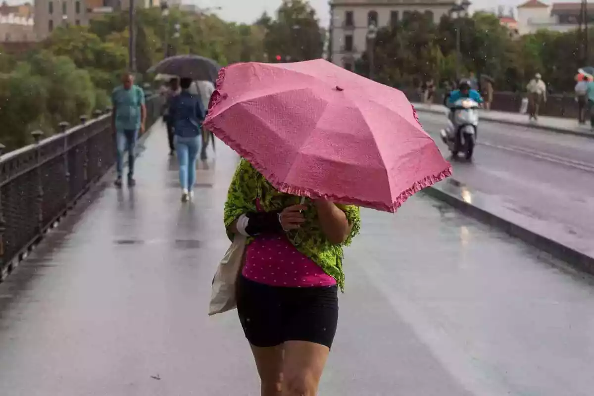 Imatge d'una persona amb un paraigua escapant-se de les pluges