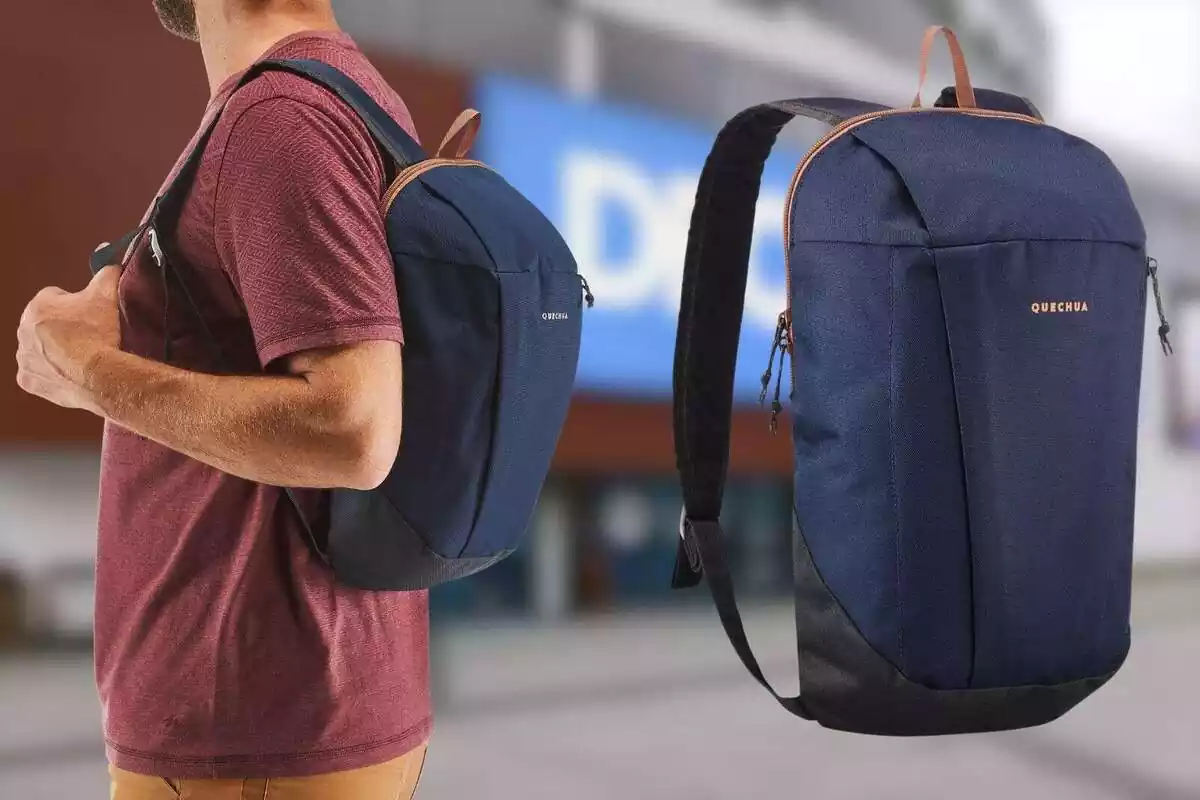 Muntatge de la motxilla petita de muntanya i trekking 10L Quechua NH100, amb un home portant-la