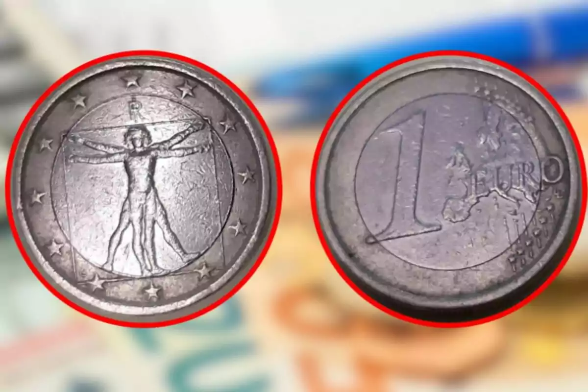 Moneda d'un euro amb l'Home de Vitruvi a una banda i el número 1 al costat de la paraula 