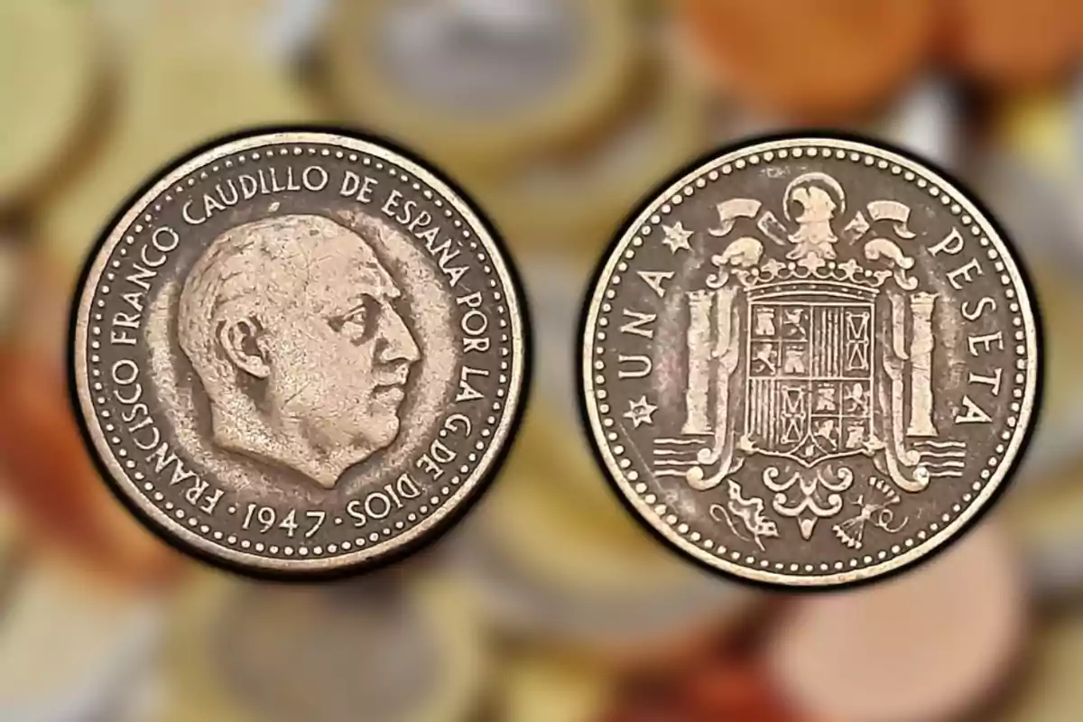 Moneda d'una pesseta del 1947 amb la cara de Francisco Franco i l'escut d'Espanya. Moneda d'una pesseta del 1947 amb la cara de Francisco Franco i l'escut d'Espanya.