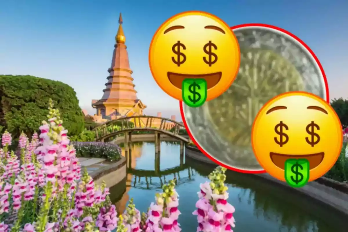 Una pagoda daurada envoltada de jardins florits amb emojis de cara somrient i signes de dòlar.