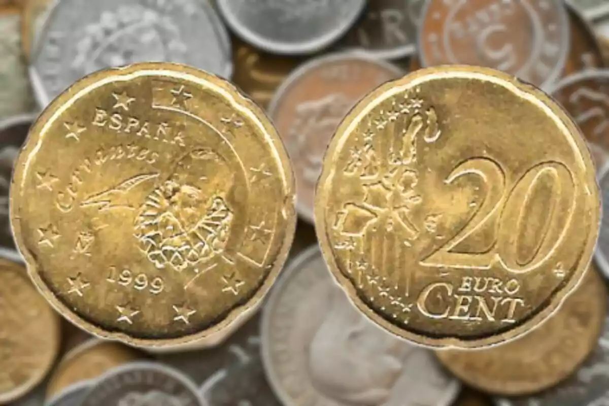 Moneda de 20 cèntims d?euro d?Espanya amb la imatge de Miguel de Cervantes i l?any 1999. Moneda de 20 cèntims d?euro d?Espanya amb la imatge de Miguel de Cervantes i l?any 1999.