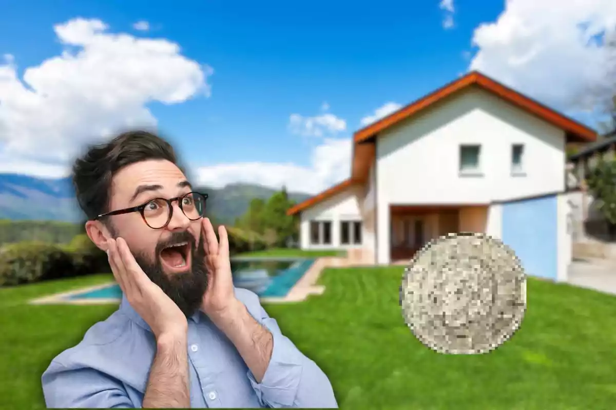 Home amb expressió de sorpresa davant d'una casa moderna amb piscina i una moneda pixelada en primer pla.