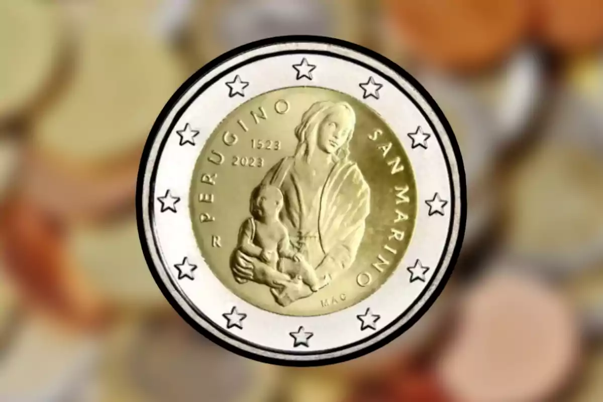 Moneda commemorativa de San Marino amb la imatge d’una dona sostenint un nen envoltada d’estrelles i les inscripcions Perugino i les dates 1523 i 2023 Moneda commemorativa de San Marino amb la imatge d’una dona sostenint un nen envoltada d’estrelles i les inscripcions Perugino i les dates 1523 i 2023