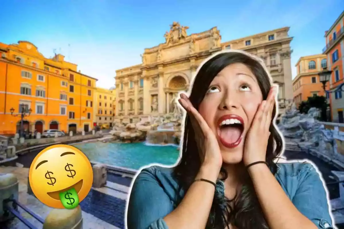 Dona emocionada davant de la Fontana di Trevi amb un emoji de diners.