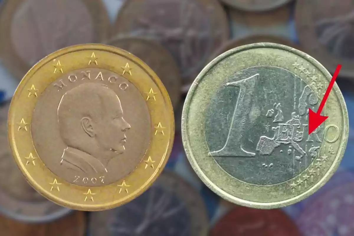 Imatge de fons de diverses monedes d'euro en una imatge desenfocada i una altra de dues monedes d'euro, una de Mònaco 2007 i una altra de Portugal 2008
