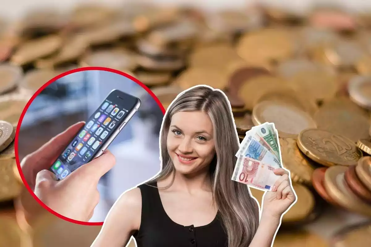 Imatge de fons de diverses monedes d´euro amb una imatge en primer pla d´una noia amb bitllets a la mà i una altra imatge d´una mà amb un mòbil