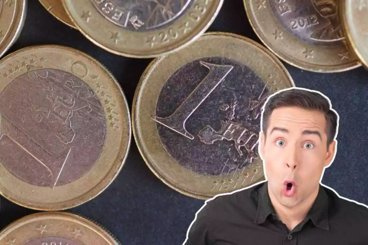 Imatge de fons de diverses monedes d?un euro i una altra imatge d?un home sorprès