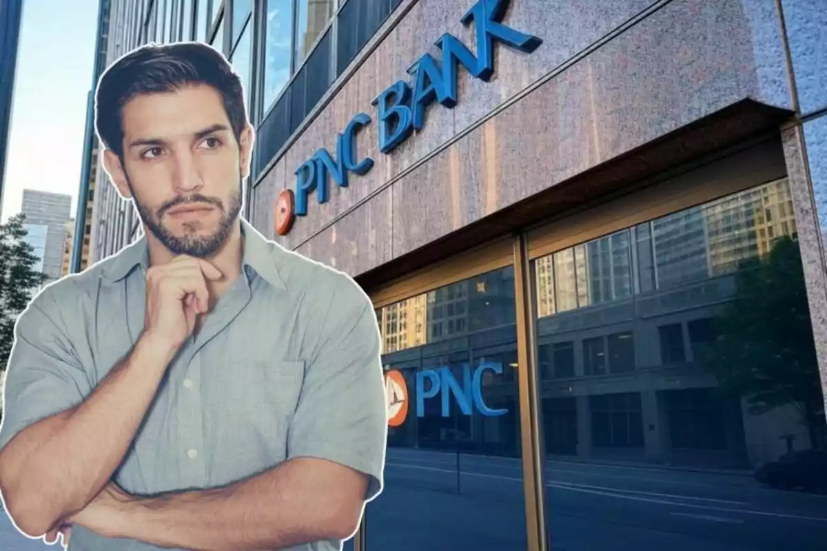 Un home pensatiu amb barba i camisa blau clar està superposat davant d'un edifici de PNC Bank.