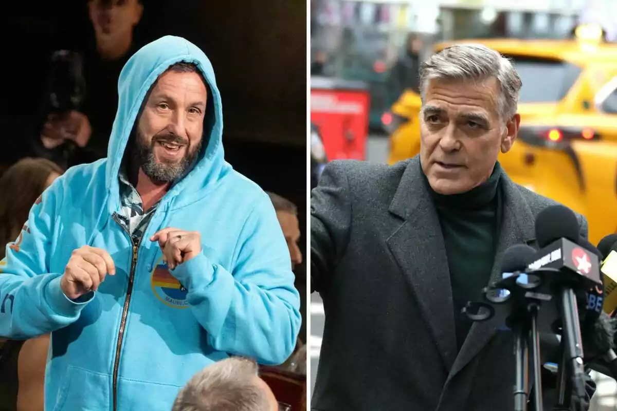 Adam Sandler i George Clooney en diferents escenaris, un amb dessuadora blava i l'altre amb abric fosc davant de micròfons. Adam Sandler i George Clooney en diferents escenaris, un amb dessuadora blava i l'altre amb abric fosc davant de micròfons.