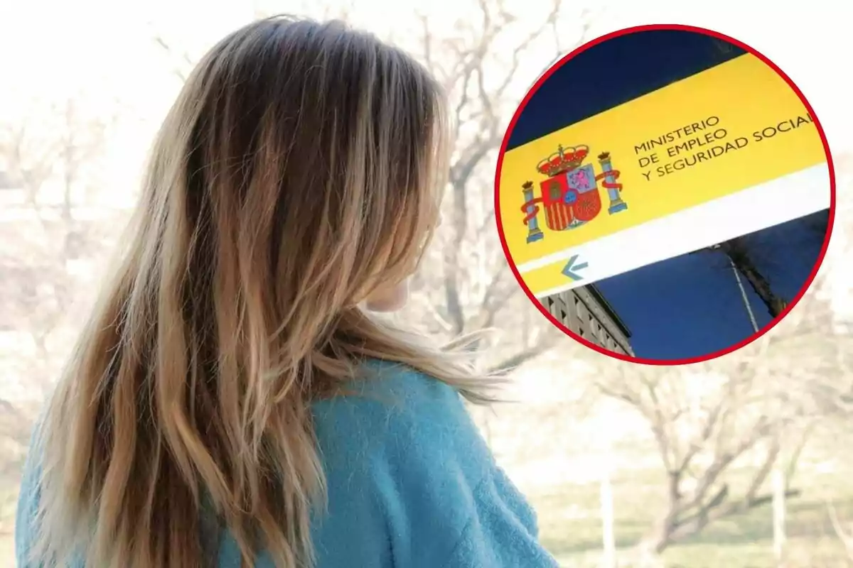 Una dona d?esquena amb cabell ros mira per una finestra, i en un cercle vermell es mostra un cartell del Ministeri d?Ocupació i Seguretat Social d?Espanya. Una dona d?esquena amb cabell ros mira per una finestra, i en un cercle vermell es mostra un cartell del Ministeri d?Ocupació i Seguretat Social d?Espanya.