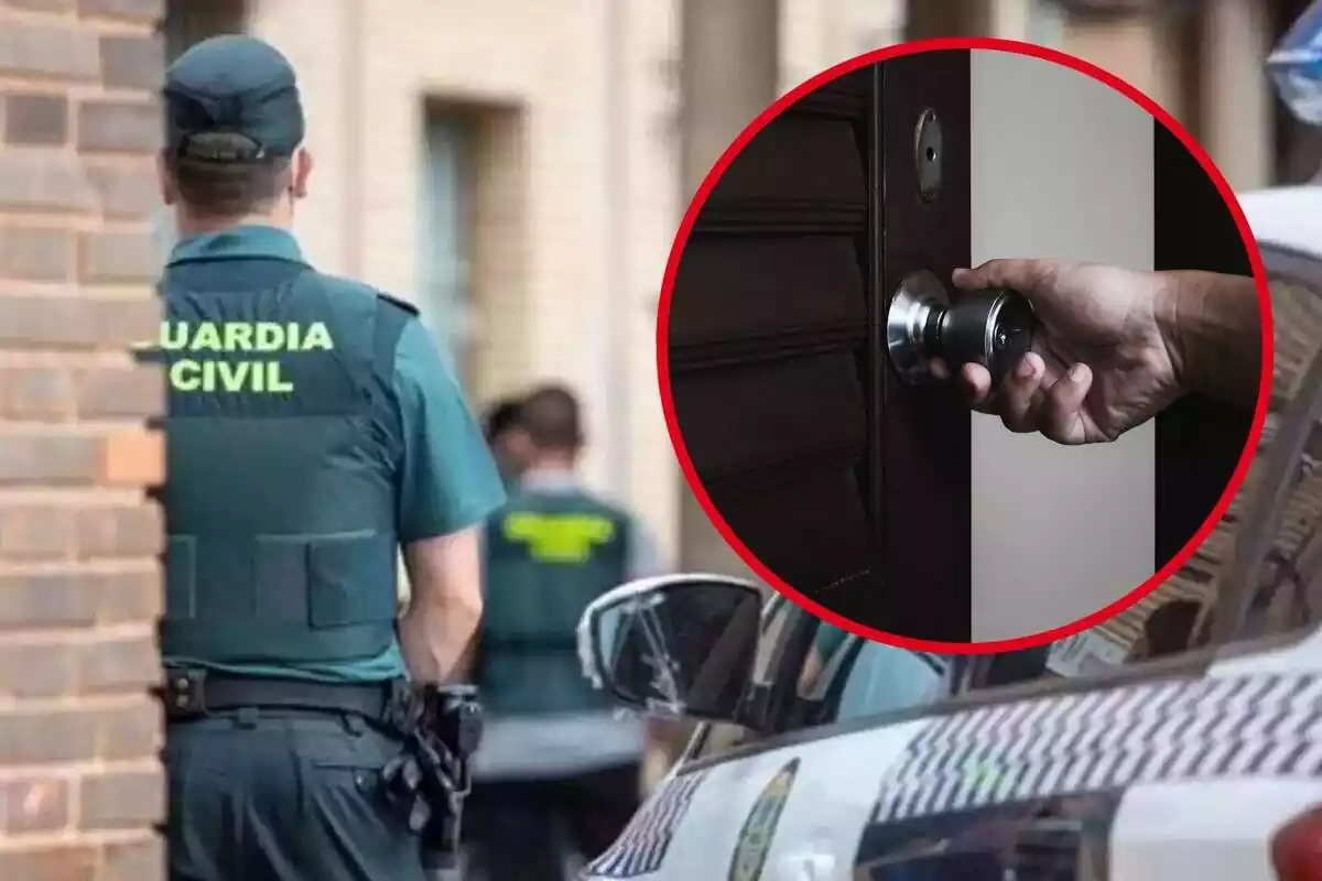 Muntatge amb un agent de la Guàrdia Civil al costat d'un cotxe i un cercle amb la imatge d'una mà obrint una porta