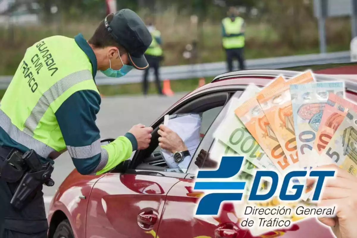 Muntatge amb un agent de la Guàrdia Civil de trànsit amb un conductor dins d'un cotxe vermell, una mà amb diversos bitllets d'euro i el logotip de la DGT