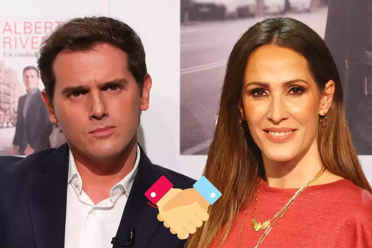 Muntatge d'Albert Rivera seriós en vestit, Malú somrient amb uns collarets daurats i unes mans juntes