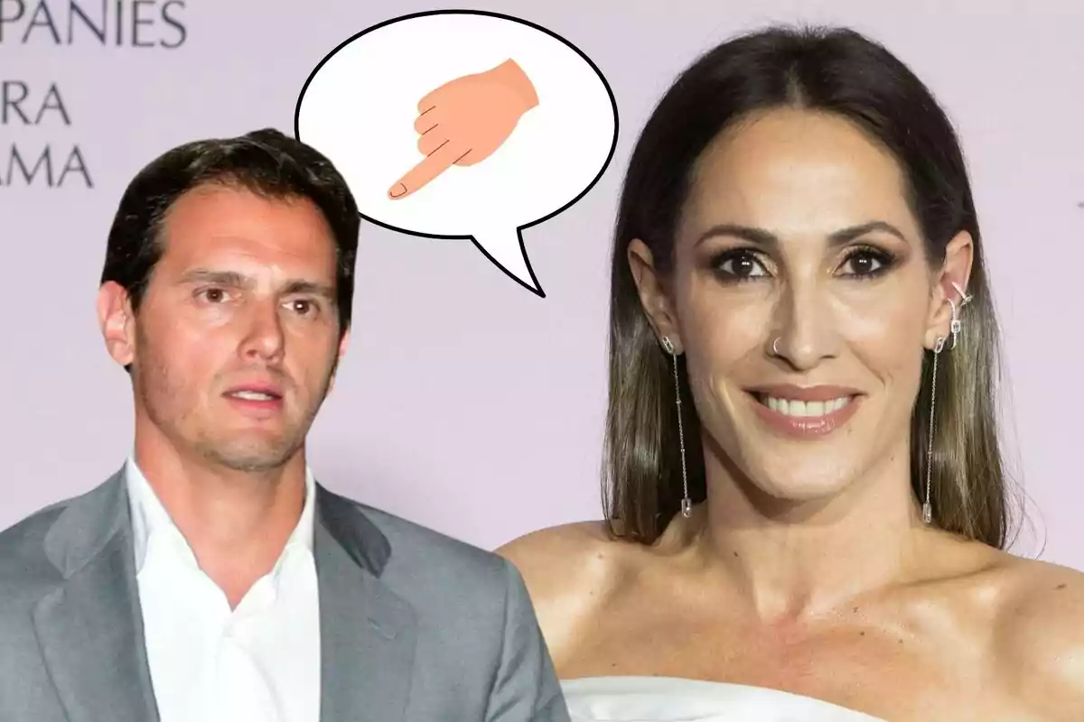 Albert Rivera amb vestit gris i Malú amb vestit blanc, amb un globus de diàleg que conté un emoji de mà assenyalant.