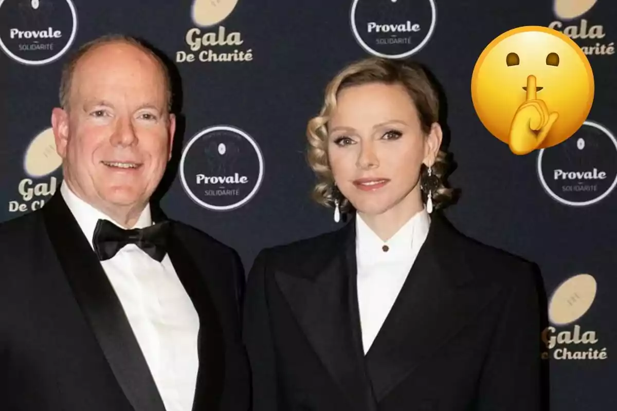 Albert of Monaco and Charlene pose elegantly dressed at a gala event with a background showing logos of "Gala de Charité" and "Provale Solidarité," next to a silence emoji.