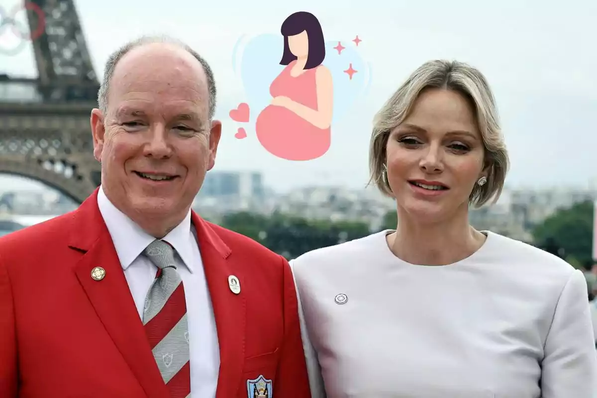 Albert de Mònaco i Charlene posant davant de la Torre Eiffel amb un dibuix d’una dona embarassada sobre ells