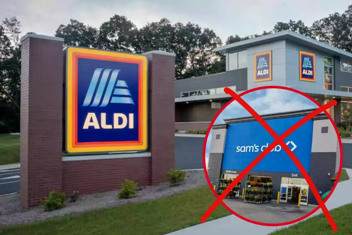 An Aldi sign in the foreground with a store building in the background and an image of Sam's Club crossed out with a red cross.