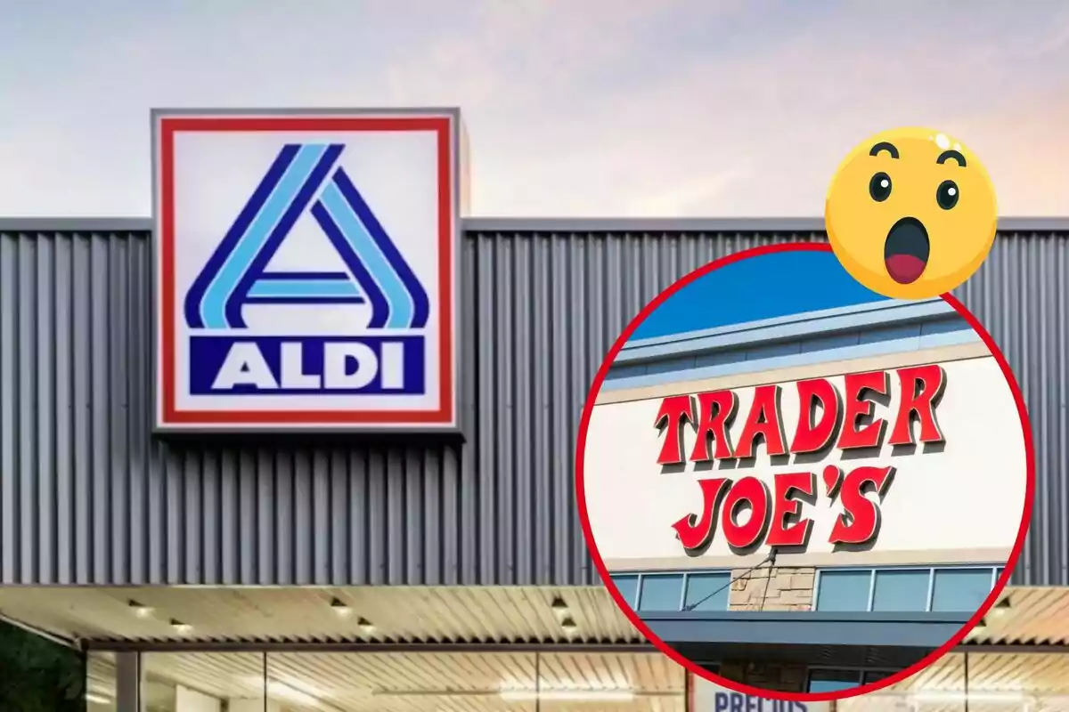 An Aldi sign on a building with a circle showing the Trader Joe's sign and a surprised emoji.