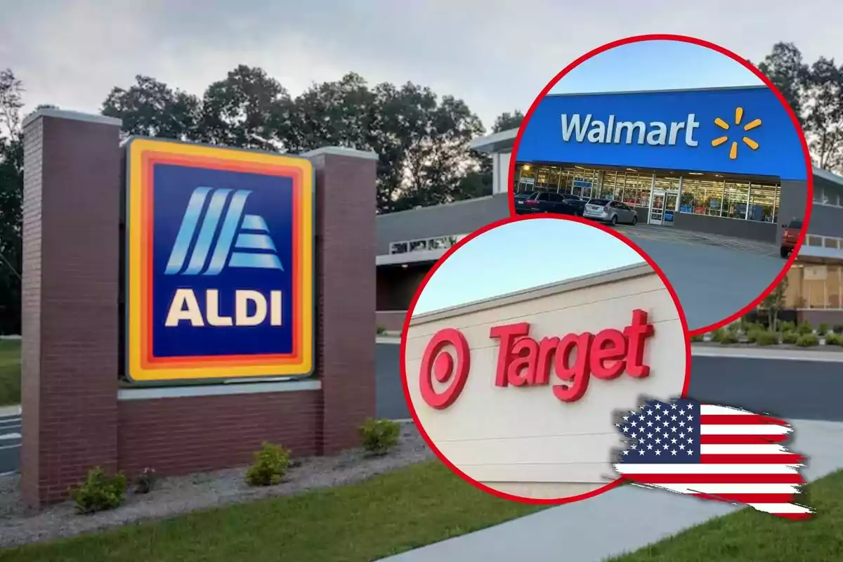 Un letrero de Aldi en primer plano con imágenes superpuestas de las fachadas de Walmart y Target junto a una bandera de Estados Unidos.