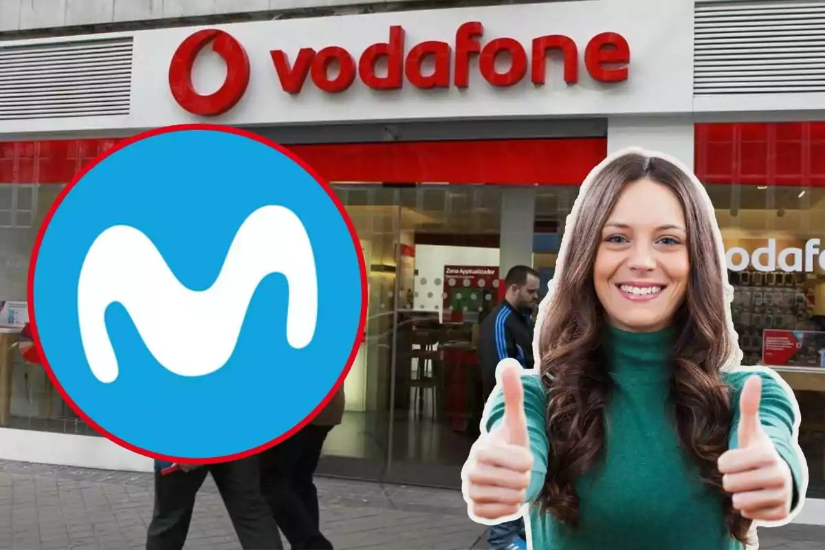 Al fons una botiga de Vodafone, una noia amb els polzes a dalt i al cercle el logo de Movistar