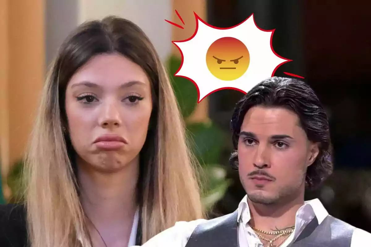 Alejandra Rubio amb expressió trista i Carlo Costanzia amb expressió seriosa, amb un emoji d'enuig entre ells.