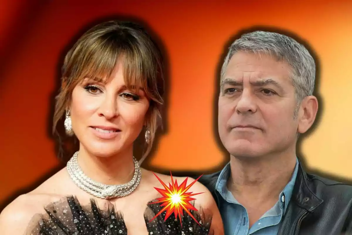 Alejandra Silva and George Clooney pose together in front of a gradient orange background, with a graphic explosion effect between them.