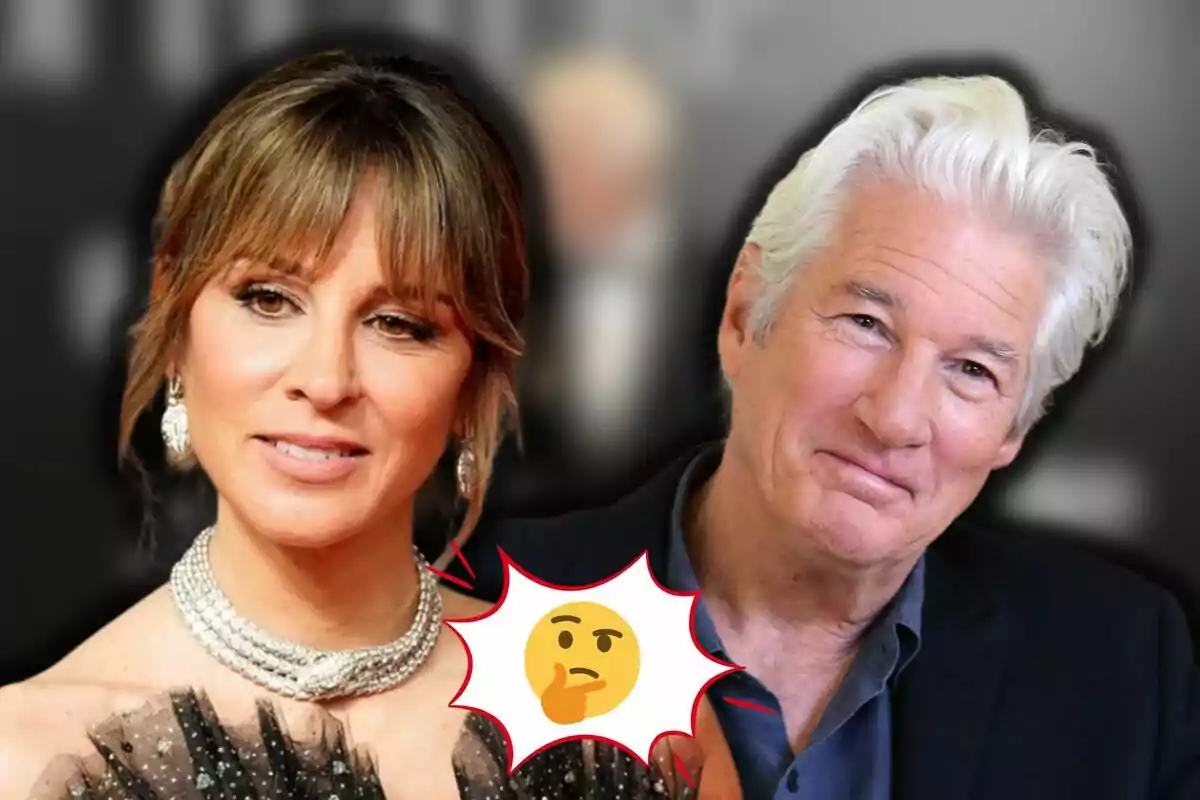 Alejandra Silva i Richard Gere posen junts amb un fons desenfocat i un emoji de cara pensativa entre ells