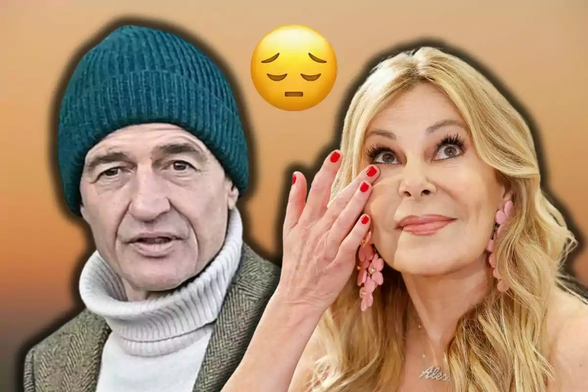 Alessandro Lequio amb gorra i Ana Obregón amb expressió emotiva, amb un emoji de cara trista entre ells sobre un fons degradat.