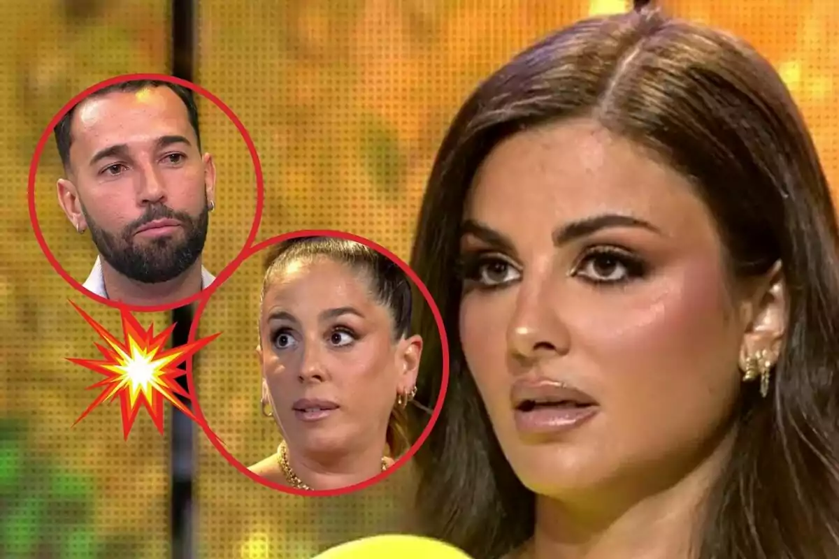 Muntatge d'Alexia Rivas a la televisió seriosa amb la boca oberta i dues retallades d'Omar Sánchez i Anabel Pantoja mirant-se serioses amb una explosió pel mig