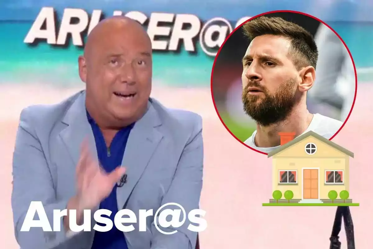 Muntatge d'Alfonso Arús parlant en vestit gris i jersei blau, Leo Messi seriós, una casa i el logotip d''Aruser@s'