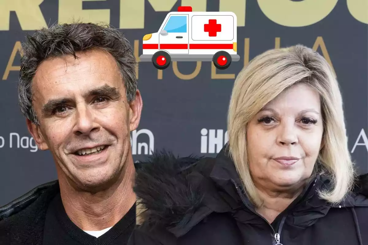 Muntatge d'Alonso Caparrós somrient amb un jersei negre, Terelu Campos seria amb un abric negre i una ambulància