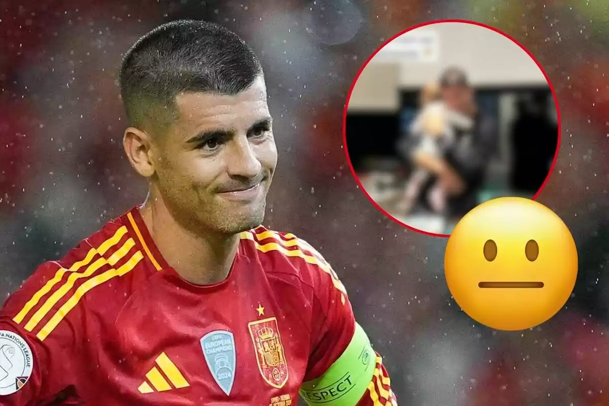 Álvaro Morata amb l'uniforme de la selecció espanyola somriu lleument mentre porta un braçalet de capità ia la cantonada superior dreta hi ha un cercle amb una imatge borrosa i un emoji neutral.