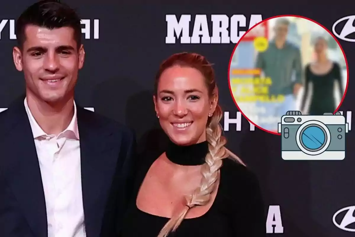 Álvaro Morata i Alice Campello somrient posant en un esdeveniment amb un fons que mostra el logotip de "MARCA" i "HYUNDAI", a més d'un requadre amb una imatge borrosa d'una altra parella i una icona de càmera.