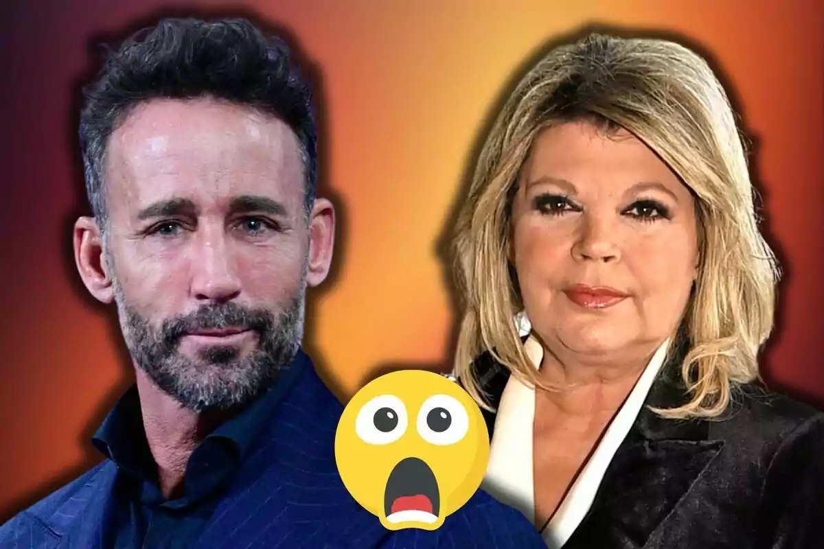 Álvaro Muñoz Escassi and Terelu Campos pose together with a gradient background and a surprised emoji in the foreground.