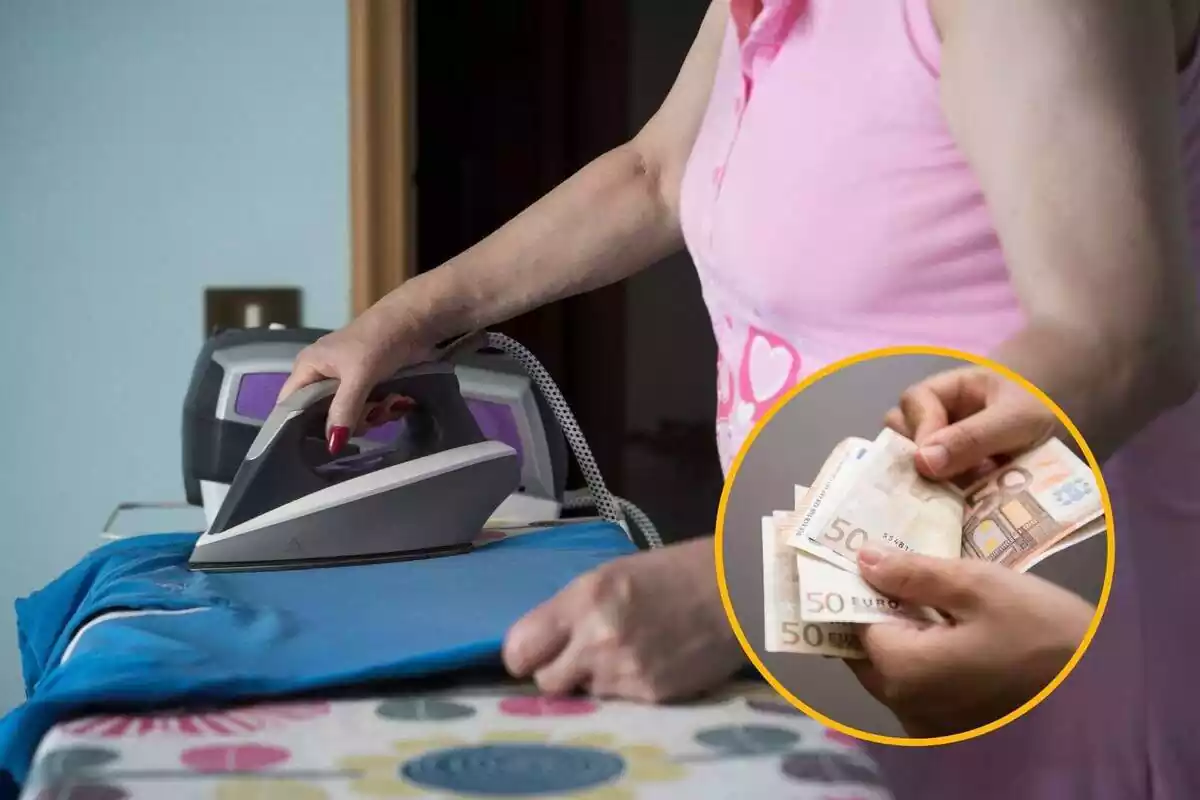 Muntatge d'una mestressa de casa planxant i imatge d'uns bitllets en un marc