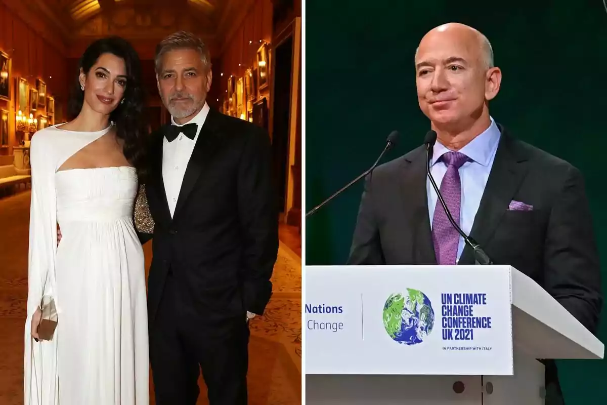 Amal y George Clooney elegantemente vestida posa en un evento formal mientras Jeff Bezos con traje y corbata habla en un podio durante una conferencia sobre cambio climático. Amal y George Clooney elegantemente vestida posa en un evento formal mientras Jeff Bezos con traje y corbata habla en un podio durante una conferencia sobre cambio climático.