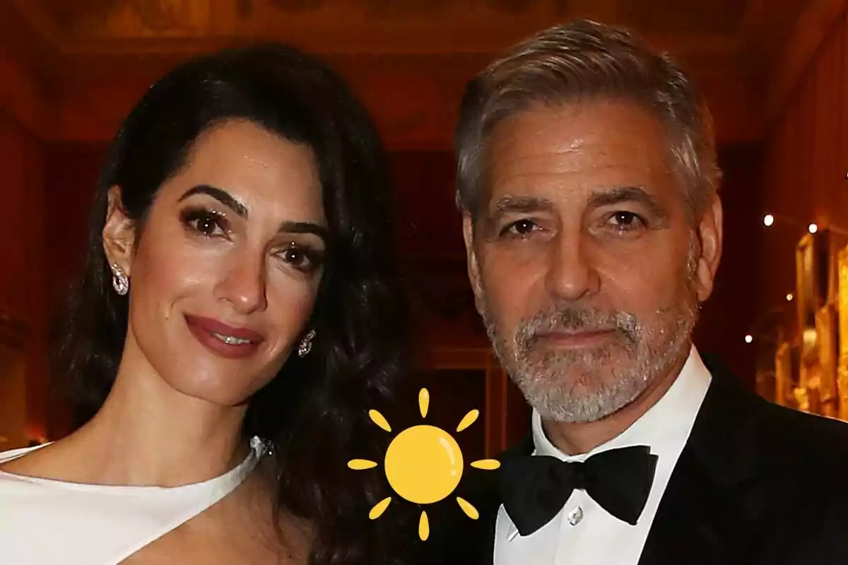 Amal and George Clooney elegantly dressed pose at a formal event with a sun icon overlaid in the center.