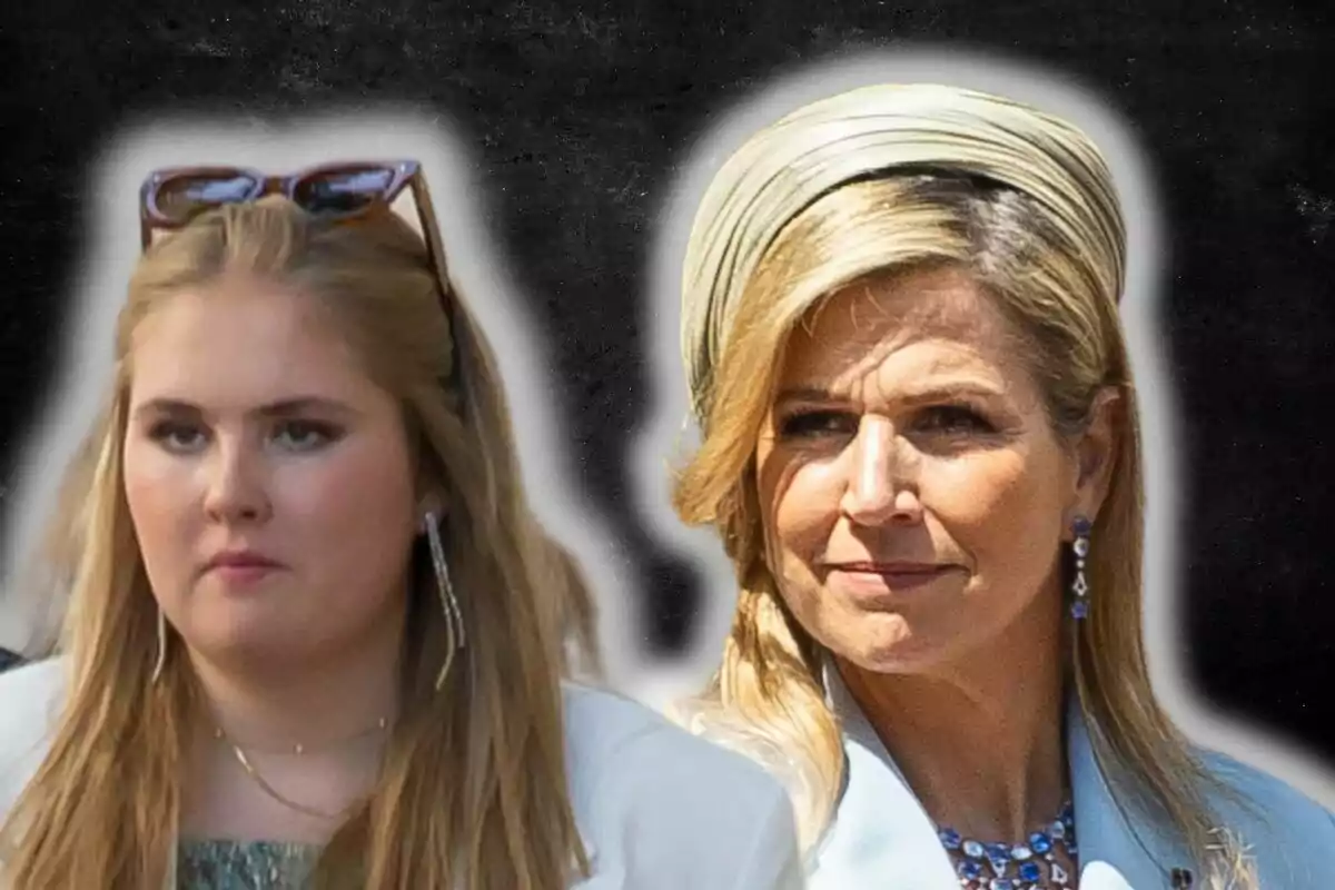 Amalia and Máxima of the Netherlands with serious expressions, one wearing sunglasses on her head and the other a light headpiece, both with elegant jewelry and a dark background.