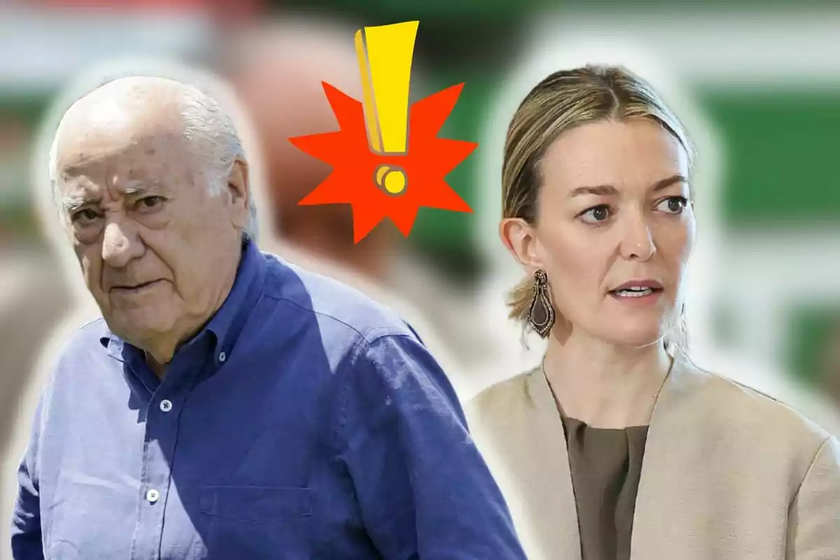 Amancio Ortega i Marta Ortega amb un símbol d'exclamació al centre sobre un fons desenfocat.