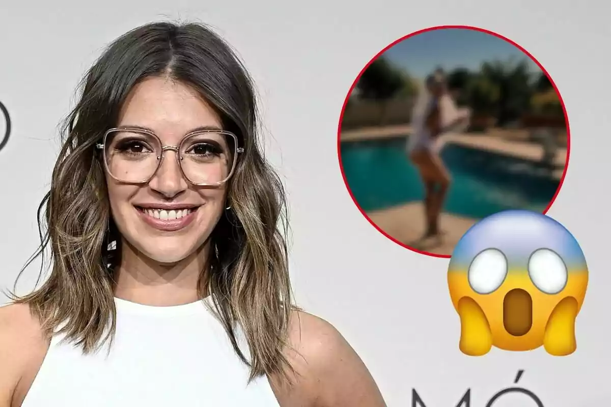 Ana Guerra amb ulleres somriu a la càmera, mentre en un cercle vermell a la cantonada superior dreta es mostra una imatge borrosa d'una persona amb una piscina, acompanyada d'un emoji de cara sorpresa.