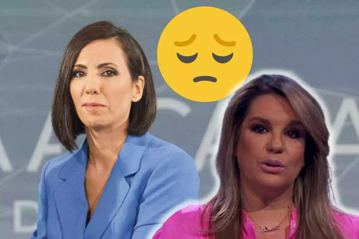 Ana Pastor i Carmen Porter en un fons blau amb un emoji de cara pensativa superposat.