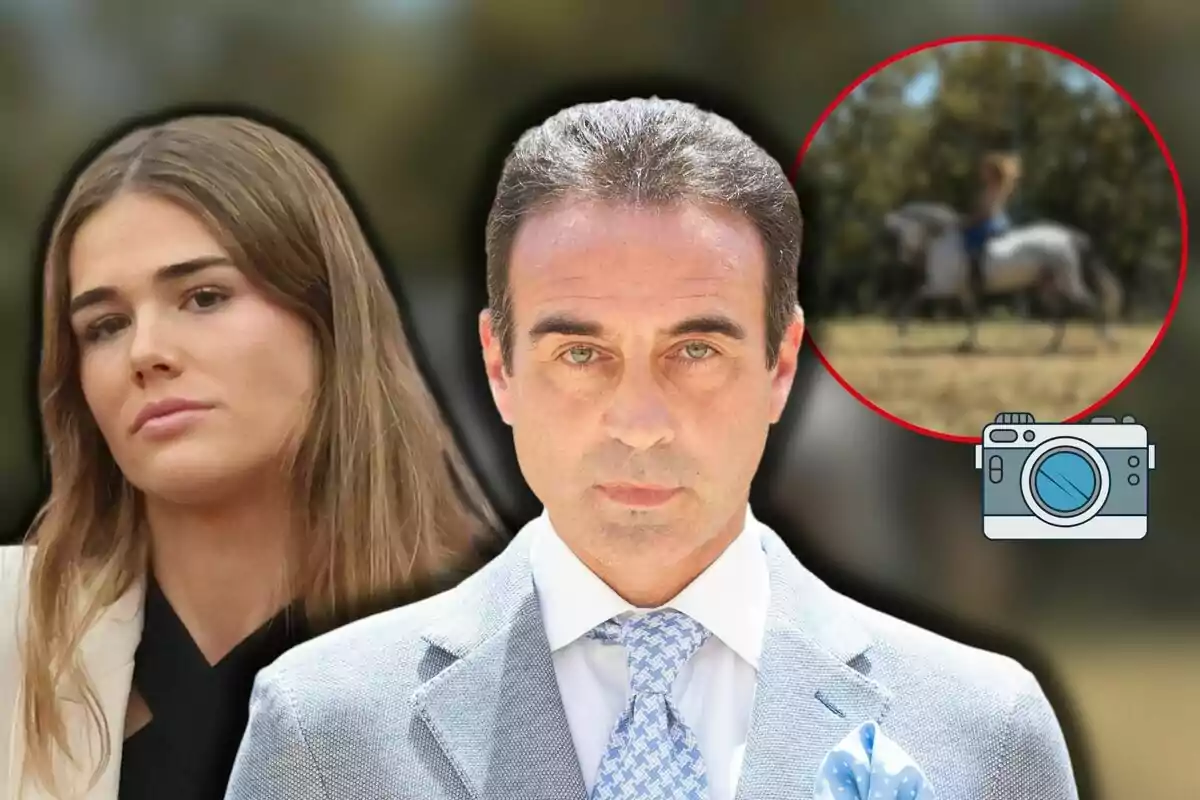 Ana Soria i Enrique Ponce posen junts, amb un fons desenfocat i un requadre que mostra una persona muntant un cavall.