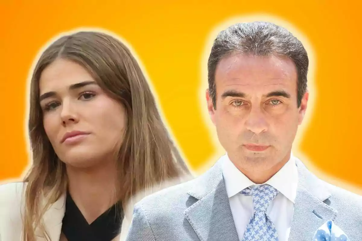 Ana Soria i Enrique Ponce posant davant d'un fons taronja brillant.