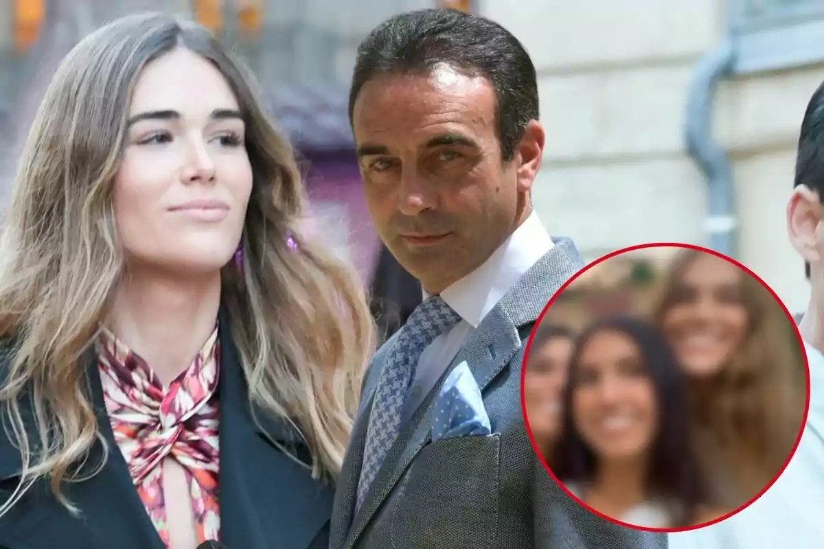 Ana Soria i Enrique Ponce posen junts, tots dos ben vestits, amb una imatge borrosa de diverses persones somrient en un cercle vermell a la cantonada inferior dreta.