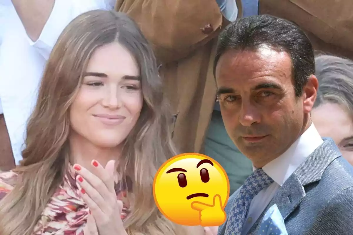 Muntatge d'Ana Soria somrient amb les mans juntes, Enrique Ponce somrient amb un vestit i corbata blava i un emoji pensant