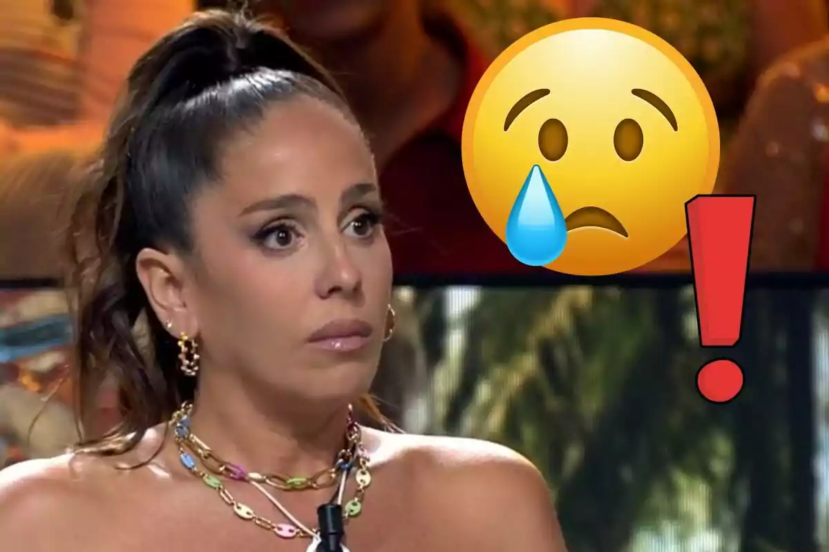 Anabel Pantoja amb expressió de sorpresa o preocupació amb un emoji de cara trista i un signe d'exclamació.