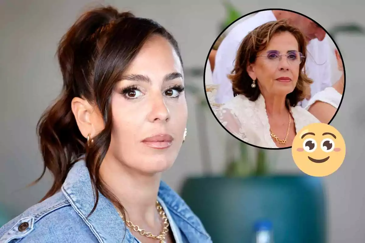 Anabel Pantoja amb jaqueta texana mira endavant mentre en un cercle es mostra Mercedes Bernal més gran amb ulleres i expressió seriosa; hi ha un emoji somrient a la imatge.