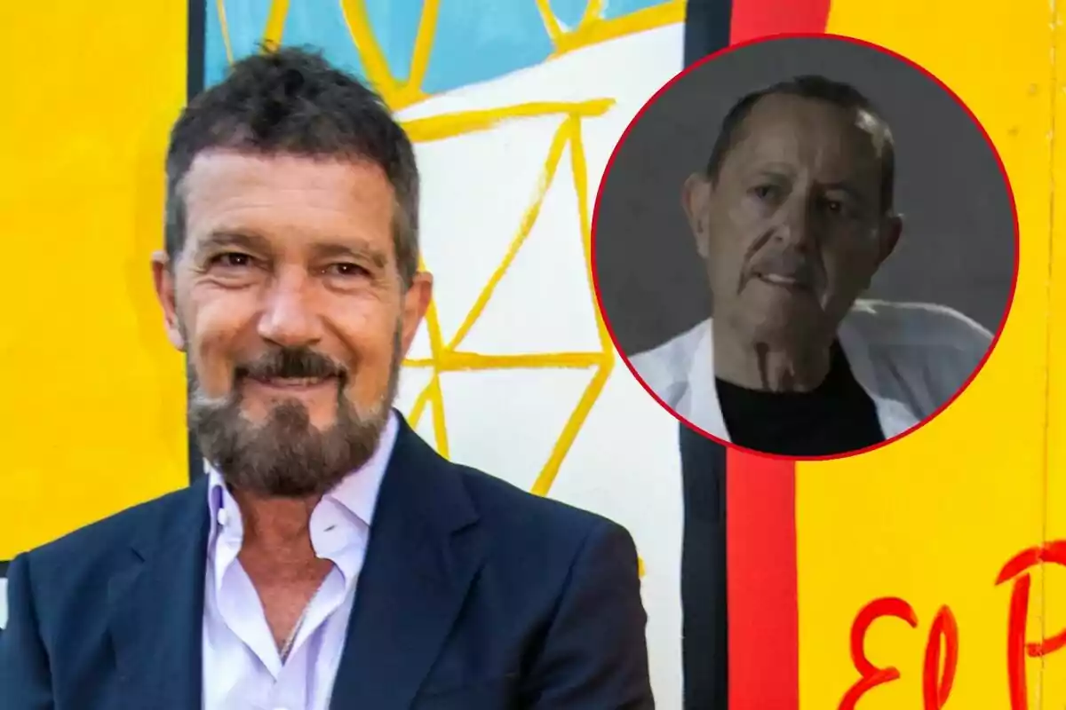 Antonio Banderas amb vestit fosc somriu davant d'un fons colorit, mentre que en un cercle vermell es mostra Julián Muñoz amb expressió seriosa.