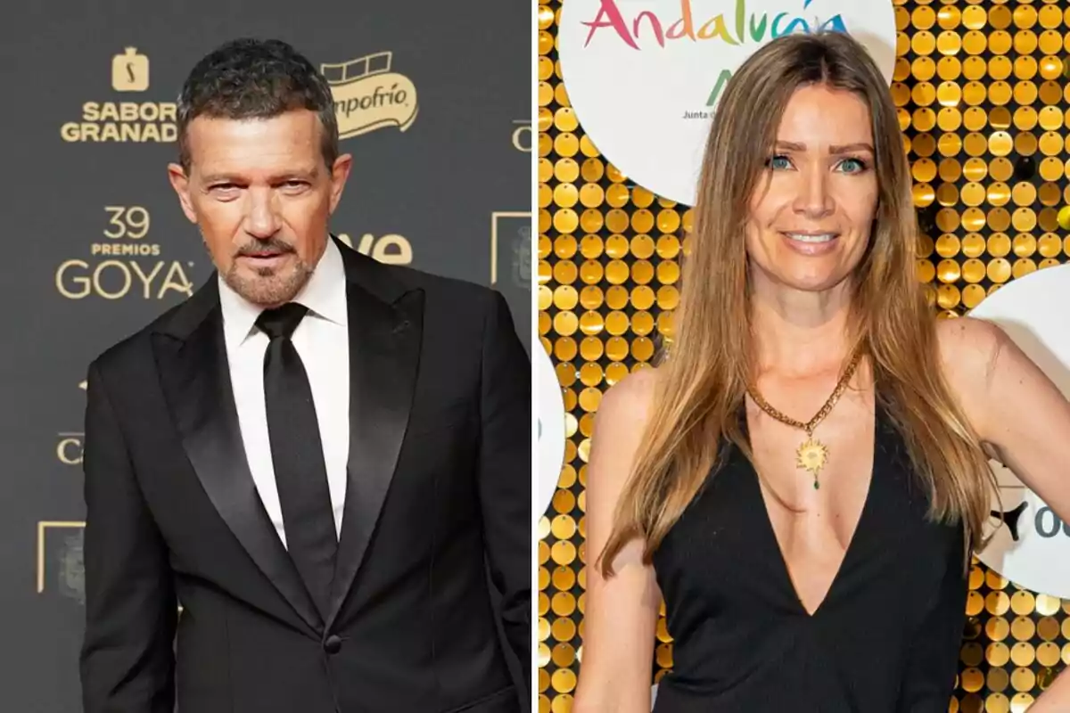 Antonio Banderas i Nicole Kimpel posant en un esdeveniment formal amb fons de logotips i decoracions. Antonio Banderas i Nicole Kimpel posant en un esdeveniment formal amb fons de logotips i decoracions.